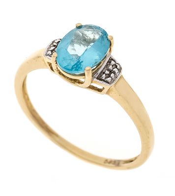 Apatite and diamond ring GG/WG 585/000 with an oval-faceted apatite 8.2 x 6.1 mm in a turquoise 
