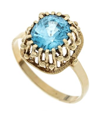 Zircon ring GG 585/000 with a turquoise-blue zircon 9.3 x 7.8 mm, faceted in a cushion cut, RG 
