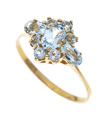 Sky-blue topaz ring GG 333/000 with 9 blue topazes, 6 x 4 mm, 4.8 x 3.3 mm, 2.5 mm, width 11.2 