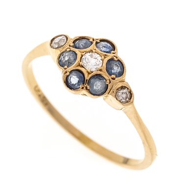 Sapphire and diamond ring, circa 1900, GG 750/000, with 6 round-faceted sapphires, 2.5 mm, and 