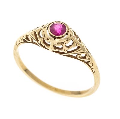 Synthetic ruby ring GG 585/000, unstamped, tested, with a round-faceted, synthetic ruby 3.5 mm 