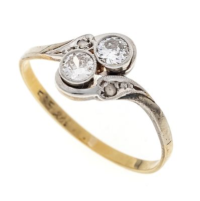 Art Deco ring GG/WG 585/000 with 2 old-cut diamonds, total 0.25 ct TW-W/VS-SI and 2 diamond 