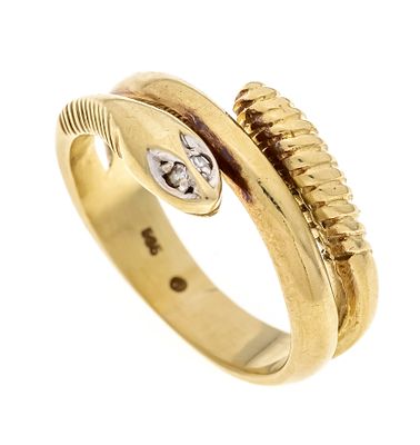 Snake ring GG/WG 585/000 with 2 octagonal diamonds, total 0.01 ct W/SI, RG 49, 4.6 g