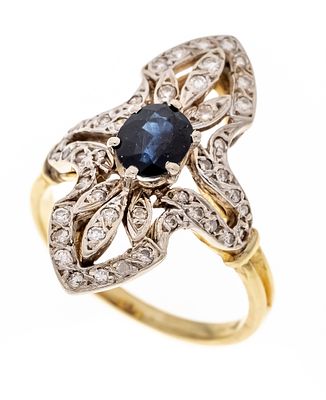 Sapphire and diamond ring GG/WG 585/000 with one oval-faceted, dark sapphire 5.5 x 4.6 mm 