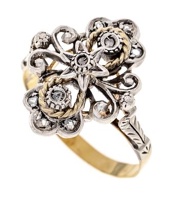 Antique ring, circa 1880, GG 750/000 and silver, with diamond chips, RG 56, 3.1 g