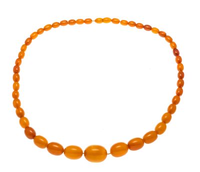 Amber necklace made of amber olives 22.5 x 17 - 10 x 7 mm in a slightly marbled light to dark 
