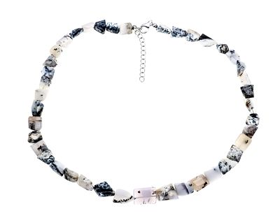Dendrite opal necklace with lobster clasp and extension chain, 925/000 silver, strand of black 
