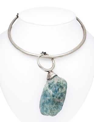 Very large aquamarine pendant in silver with a large, opaque rough aquamarine stone 69 x 39 mm 