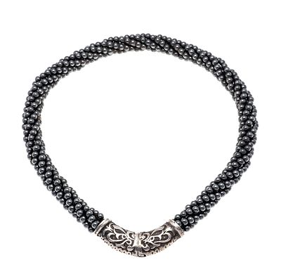 6-strand hematite necklace with an ornately embossed clasp in 925/000 silver, partially 