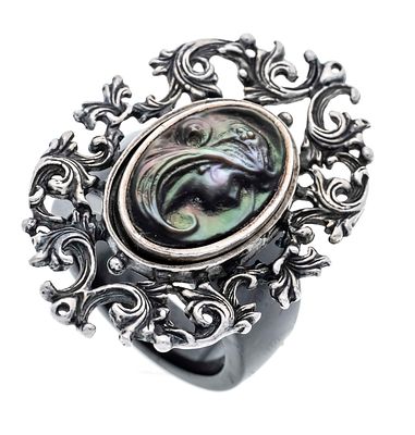 Ehinger Black Gemstone Ring, with an oval, finely cut mother-of-pearl gemstone 17.5 x 11.8 mm 