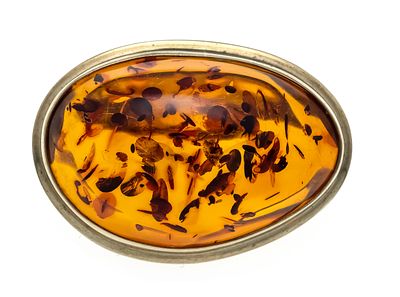 Amber brooch GG 333/000 with an oval amber cabochon 30 x 19 mm in honey color with dark 