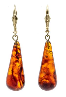 Amber earrings GG 375/000 with two teardrop-shaped amber stones 9 x 23 mm in dark honey color 