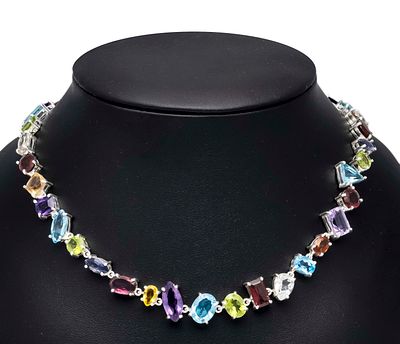 Cocktail necklace, 925/000 silver, with faceted gemstones of various shapes and colors 