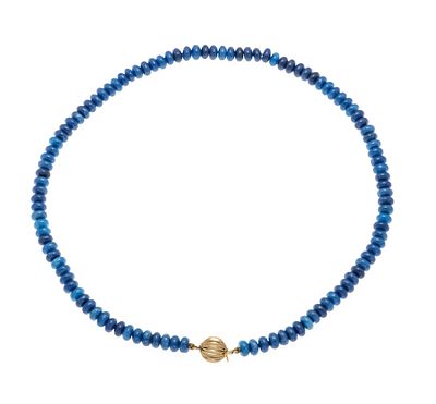 Sapphire necklace with ball clasp, 585/000 white gold, strand of sapphire rondelles, 6.5 mm, in 
