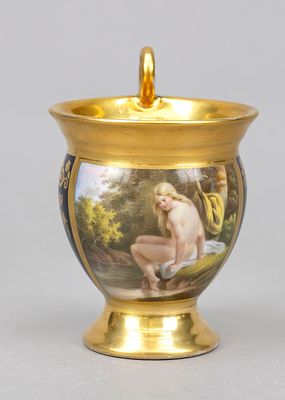 Ceremonial cup with nude depiction, 19th century, bell-shaped cup on fluted foot, raised lion’s 