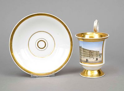 View cup with saucer, KPM Berlin, marks 1837–44, 1st choice, red imperial orb marks, bell shape 