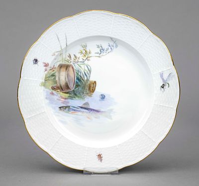 Fish plate, Meissen, Knaufschwerter 1850–1924, first-grade, Ozier form, polychrome painting 