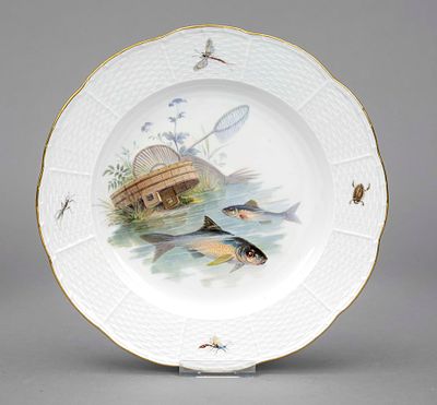 Fish plate, Meissen, Knaufschwerter 1850–1924, 1st choice, Ozier form, polychrome painting with 