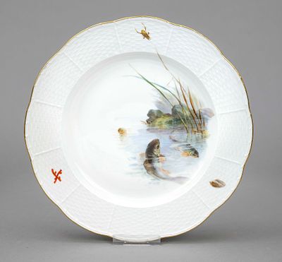 Fish plate, Meissen, Knaufschwerter 1850–1924, 1st choice, Ozier form, polychrome painting with 