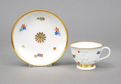 Cup with saucer, Meissen, Pfeiffer mark 1924–34, first-grade, bell shape, monogram “AR” 