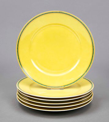 Six dinner plates, Herm&egrave;s, Paris, late 20th century, smooth form, toucan decoration 