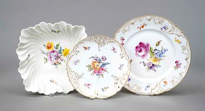 Three pieces, Nymphenburg, marks after 1895, each with polychrome floral painting, square bowl 
