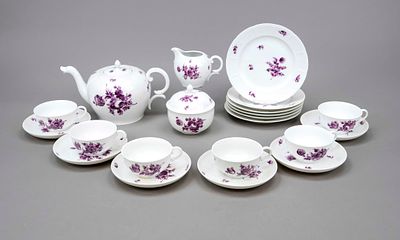 Tea service for 6 people, 21-piece set, Nymphenburg, marks from 1910, Ozier pattern, floral 