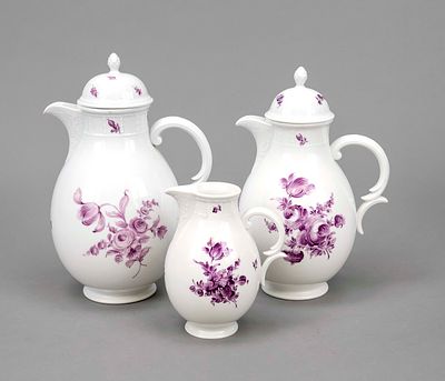 Three pots, Nymphenburg, marks from 1910, Ozier form, floral camaieu painting in purple, 2 