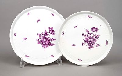 Two round cake plates, Nymphenburg, marks from 1895, Ozier form, floral camaieu painting in 