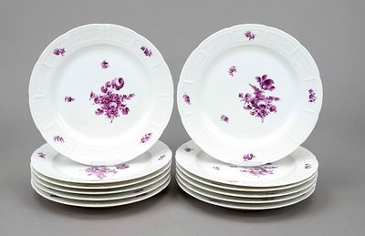 Twelve dinner plates, Nymphenburg, marks from 1910, Ozier form, floral camaieu painting in 