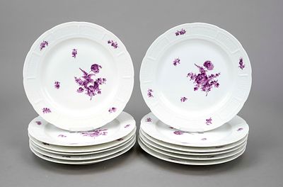 Twelve dinner plates, Nymphenburg, marks from 1910, Ozier form, floral camaieu painting in 