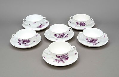 Twelve soup bowls with 13 saucers, Nymphenburg, marks from 1910, Ozier form, floral camaieu 