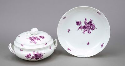 Two serving pieces, Nymphenburg, marks from 1910, Ozier form, floral camaieu painting in purple 