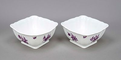 Pair of potato bowls, Nymphenburg, marks from 1910, Ozier form, floral camaieu painting in 