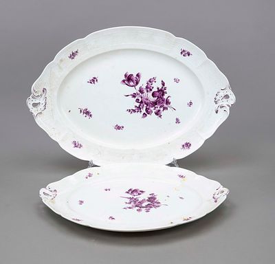 Two oval roasting dishes, Nymphenburg, marks from 1910, Ozier form, floral camaieu painting in 