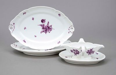Three serving pieces, Nymphenburg, marks from 1910, Ozier form, floral camaieu painting in 