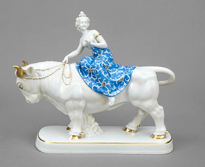 Europa on the Bull, 20th century, on an oblong base, painted blue and gilded, scuffed, slightly 
