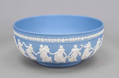 Large round bowl, Wedgewood, 20th century, blue ground, with white figurative and floral 