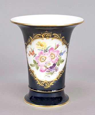 Vase, Meissen, 20th century, 3rd grade, predominantly cobalt-blue background, polychrome floral 