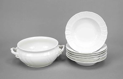 Six deep plates and a round tureen, KPM Berlin, 20th century, second-grade, Neuozier form 