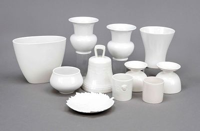 Set of eleven pieces, KPM Berlin, 20th century, second-grade, white, 5 vases, height up to 12.5 