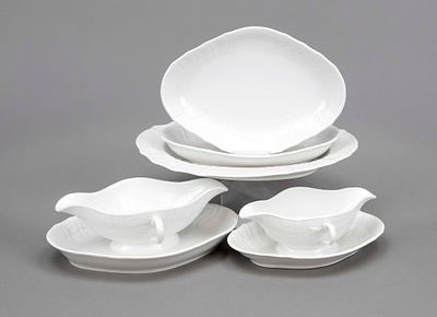 Three oval plates and two sauce boats, KPM Berlin, 20th century, second-grade, "Neuozier" 