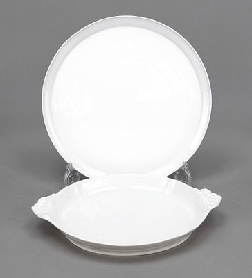 Cake plate and oval bowl, KPM Berlin, 20th century, second-grade, white, round plate, smooth 