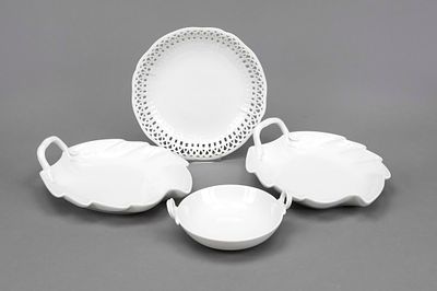 Four small bowls, KPM Berlin, 20th century, second-grade, white, 2x leaf-shaped, L. 23 cm, 1x 