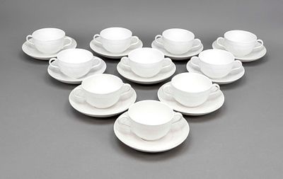 14 soup cups with 16 saucers, KPM Berlin, 20th century, second-grade, Neuozier form, white 