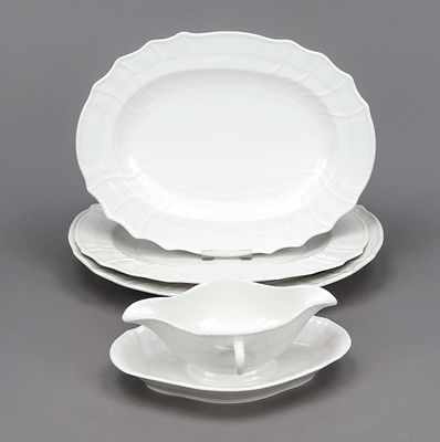 Three oval plates and two sauce boats, KPM Berlin, 20th century, second-grade, Neuozier form 