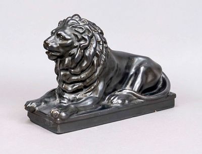 Reclining lion, marked Teichert-Werke, Meissen, 20th century, ceramic, black glaze, stamped 
