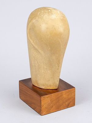 Unknown sculptor, circa 1960, highly stylized elephant figure, sand-colored cast resin on 