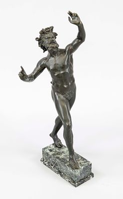 Large bronze sculpture of a dancing satyr from Pompeii, patinated bronze from the early 20th 