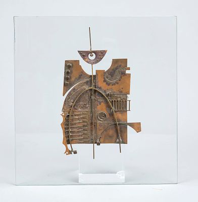 Joachim Fechner, Berlin artist, abstract copper relief on glass plate, unsigned, glass plate 30 